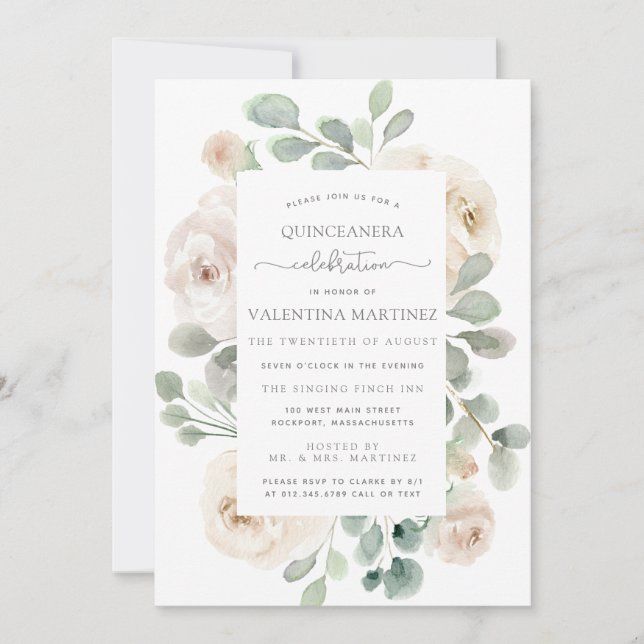 Invitación Quinceanera Botánica Floral de rosa blanca (Anverso)