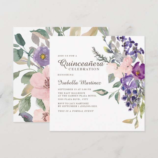 Invitación Quinceañera Botánica Floral Púrpura Rosa (Anverso / Reverso)