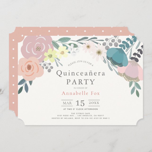 Invitación Quinceañera Botánica Floral Rosa (Anverso / Reverso)
