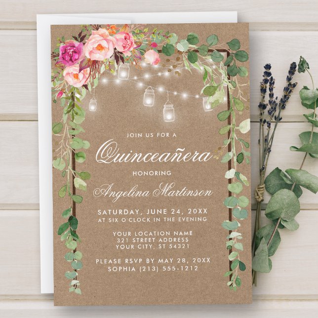 Invitación Quinceanera Botánica Verde Pink Floral Kraft (Customize to add more text or photos to back of card.)