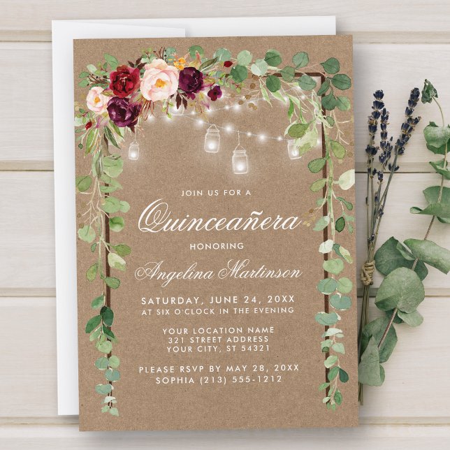 Invitación Quinceanera Botanical Green Wood Floral Kraft (Customize to add more text or photos to back of card.)