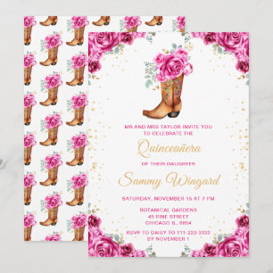 Invitación Quinceañera Botín de Vaquero Floral Dorado Rosa Fu