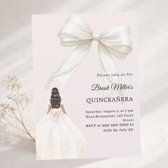 Invitación Quinceanera bow ivory dress blush pink (Subido por el creador)