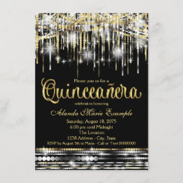 Invitación Quinceañera Brillo Glam Brillante Negro y Dorado