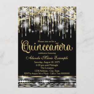 Invitación Quinceañera Brillo Glam Brillante Negro y Dorado