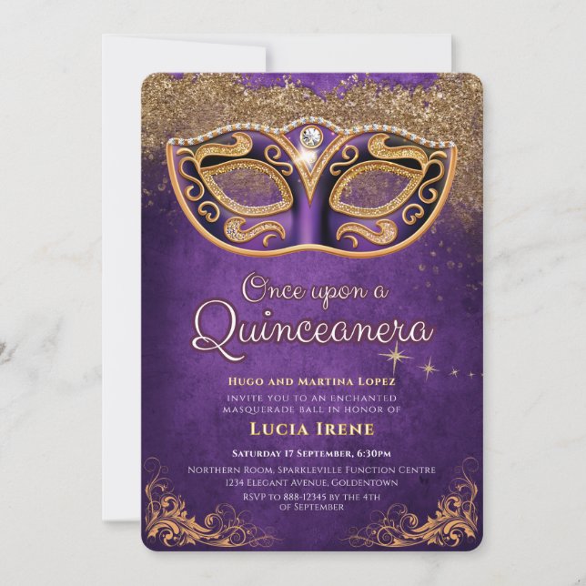 Invitación Quinceañera Brillo Púrpura (Anverso)