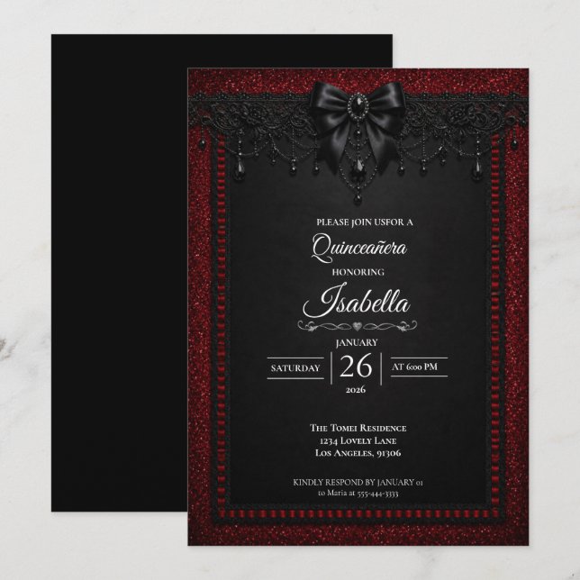 Invitación Quinceañera brillo Rojo Gótico (Anverso / Reverso)