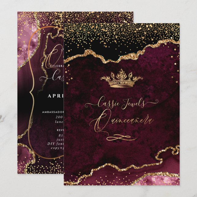 Invitación Quinceanera, Burgundy Agate Faux Gold Confetti (Anverso / Reverso)