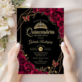 Invitación Quinceanera Burgundy Black Gold Floral