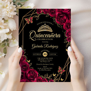 Invitación Quinceanera Burgundy Black Gold Floral