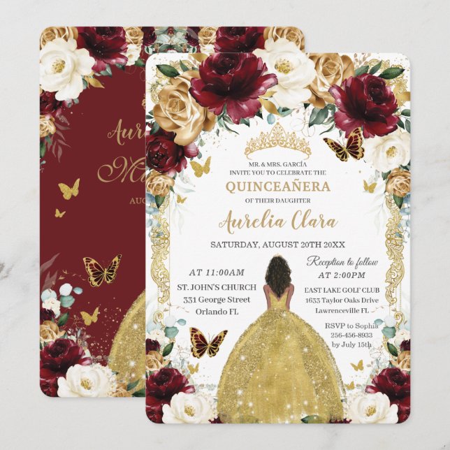 Invitación Quinceañera Burgundy Chica marrón floral de oro bl (Anverso / Reverso)