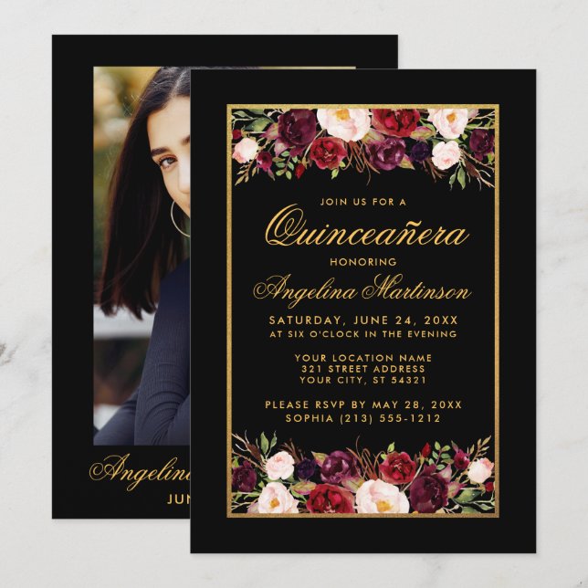 Invitación Quinceanera Burgundy Floral Black Gold Photo (Anverso / Reverso)