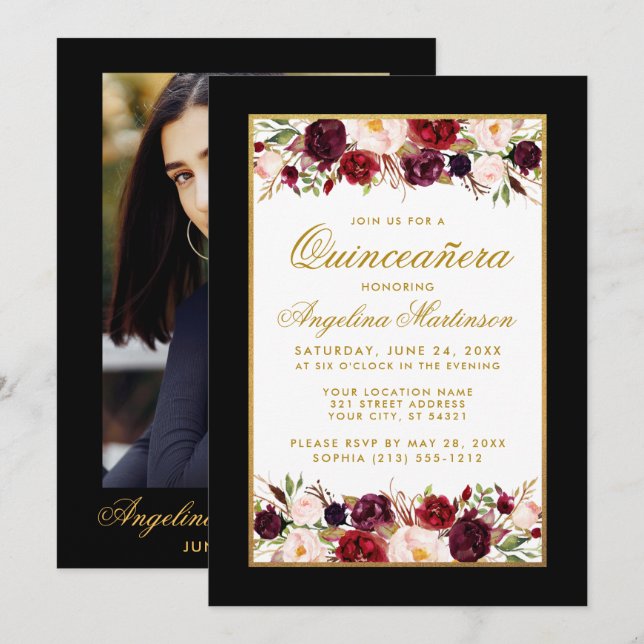 Invitación Quinceanera Burgundy Floral Black White Gold Photo (Anverso / Reverso)