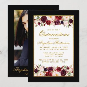 Invitación Quinceanera Burgundy Floral Black White Gold Photo