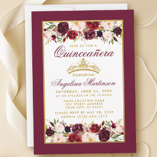 Invitación Quinceanera Burgundy Floral Crown