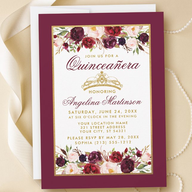 Invitación Quinceanera Burgundy Floral Crown (Customize to change text color, style, add text & photos to back or change color of back of card.)