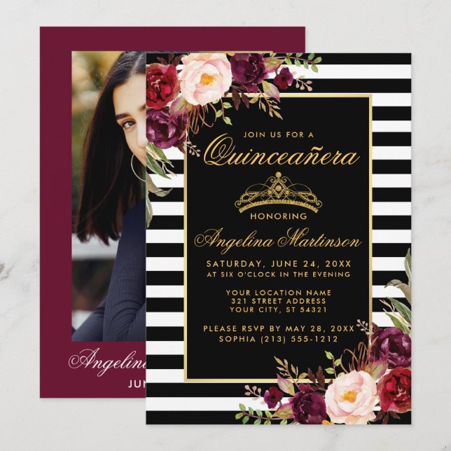Invitación Quinceanera Burgundy Floral Crown Strips Foto (Anverso / Reverso)