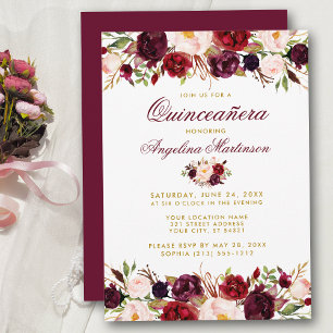 Invitación Quinceanera Burgundy Floral Gold