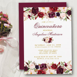 Invitación Quinceanera Burgundy Floral Gold