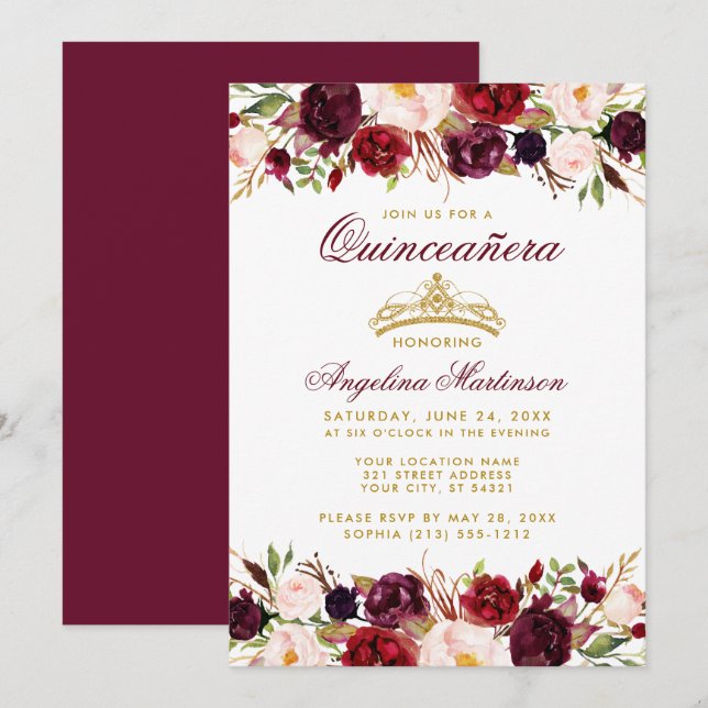 Invitación Quinceanera Burgundy Floral Gold Crown (Anverso / Reverso)