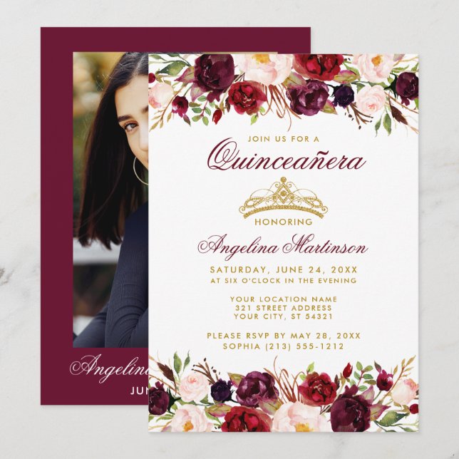 Invitación Quinceanera Burgundy Floral Gold Crown Photo (Anverso / Reverso)