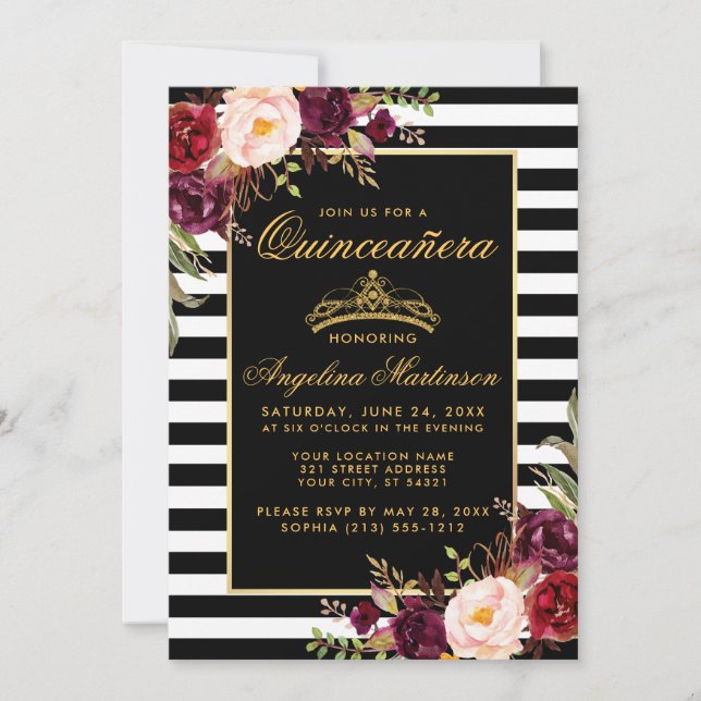 Invitación Quinceanera Burgundy Floral Gold Crown Strips (Anverso)