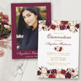 Invitación Quinceanera Burgundy Floral Gold Photo