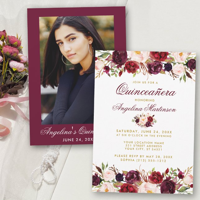 Invitación Quinceanera Burgundy Floral Gold Photo (Customize to change text size or text style.)