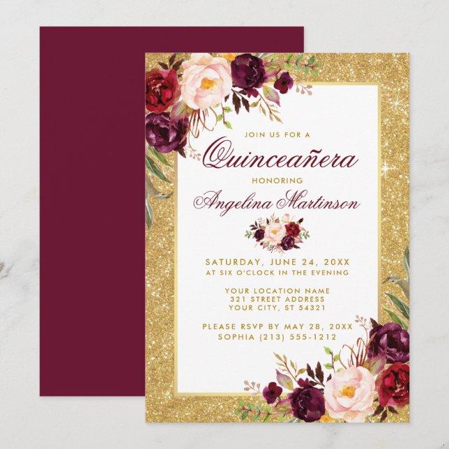 Invitación Quinceanera Burgundy Floral Gold Purpurina (Anverso / Reverso)