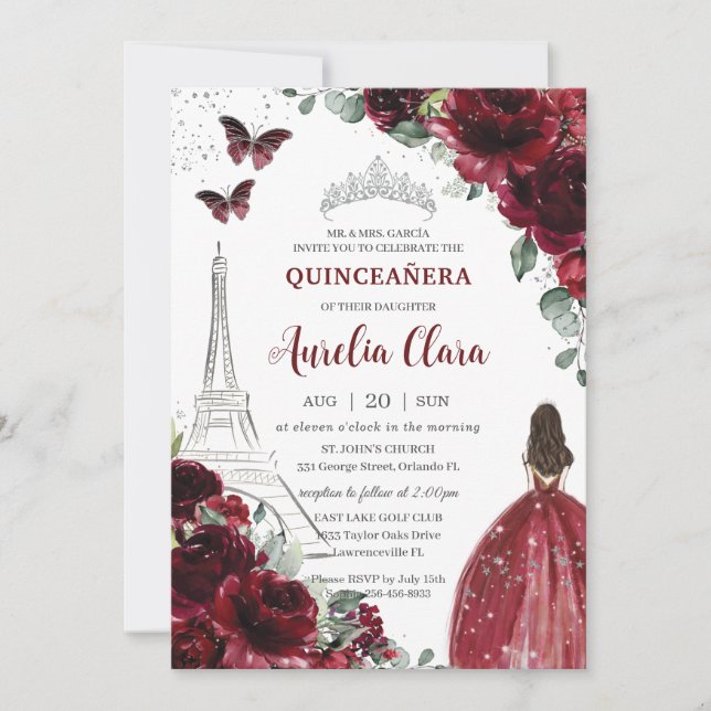 Invitación Quinceañera Burgundy Floral Paris Eiffel Princess (Anverso)