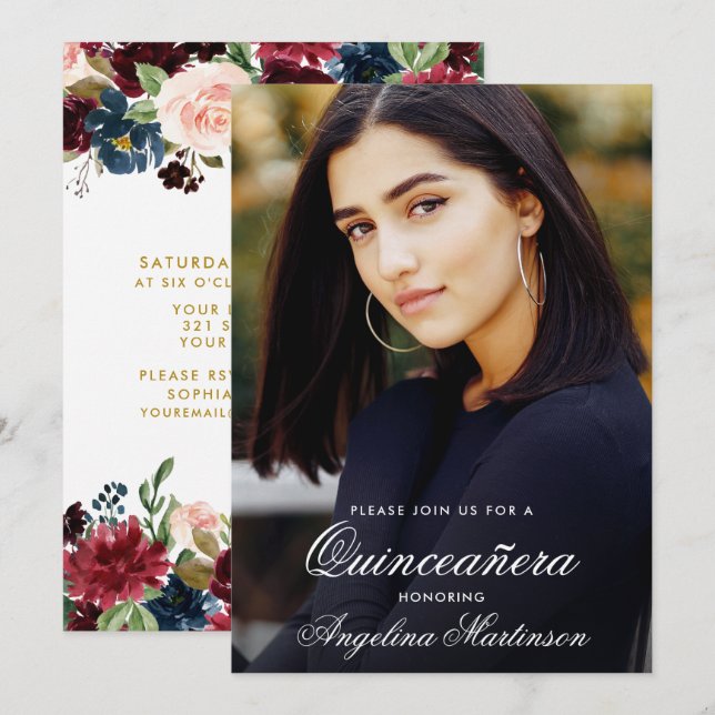 Invitación Quinceanera Burgundy Foto Floral Rosa Azul (Anverso / Reverso)