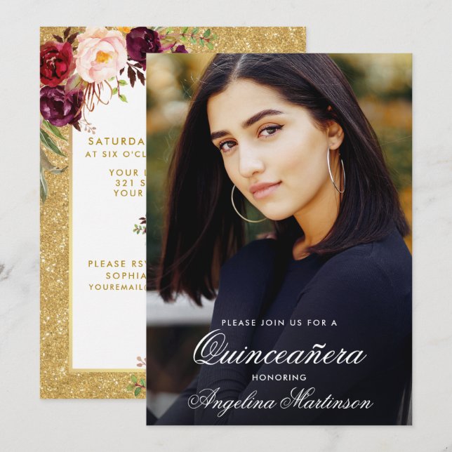Invitación Quinceanera Burgundy Foto Purpurina de oro (Anverso / Reverso)