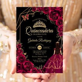 Invitación Quinceanera Burgundy Gold Butterfly Dress Floral