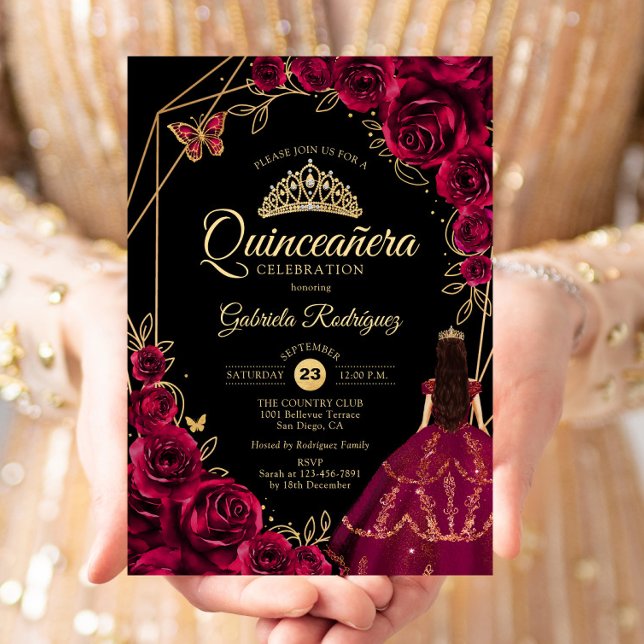 Invitación Quinceanera Burgundy Gold Butterfly Dress Floral (Subido por el creador)
