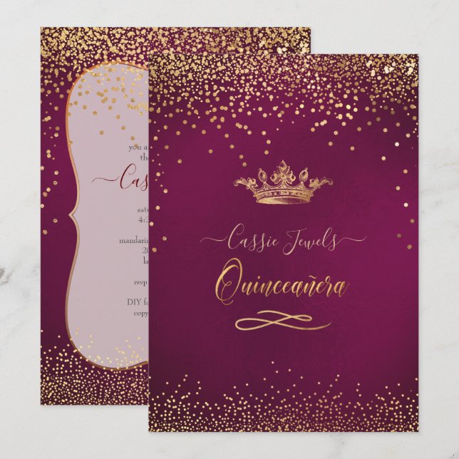 Invitación Quinceanera Burgundy Gold Confetti+Princesa Corona (Anverso / Reverso)