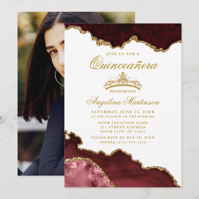Invitación Quinceanera Burgundy Gold Crown Photo (Anverso / Reverso)