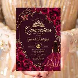 Invitación Quinceanera Burgundy Gold Dress Floral