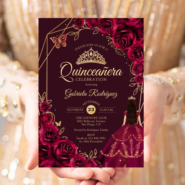 Invitación Quinceanera Burgundy Gold Dress Floral (Subido por el creador)