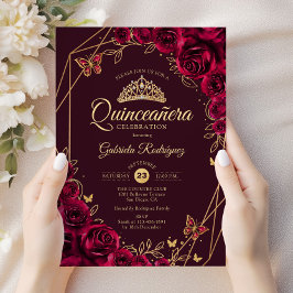Invitación Quinceanera Burgundy Gold Floral