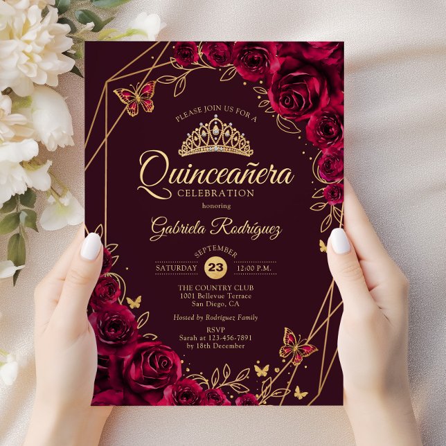 Invitación Quinceanera Burgundy Gold Floral (Subido por el creador)