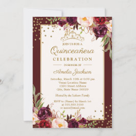 Invitación Quinceanera Burgundy Gold floral Sparkle Invite