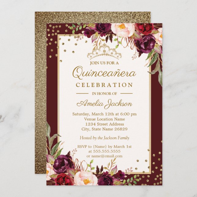 Invitación Quinceanera Burgundy Gold floral Sparkle Invite (Anverso / Reverso)