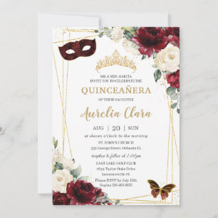 Invitación Quinceañera Burgundy Marfil Floral Mariposas Másca