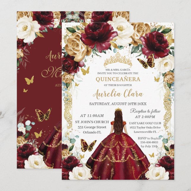 Invitación Quinceañera Burgundy Marfil Floral Vintage Gold (Anverso / Reverso)