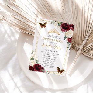 Invitación Quinceañera Burgundy Marfil Mariposa Floral Blanca