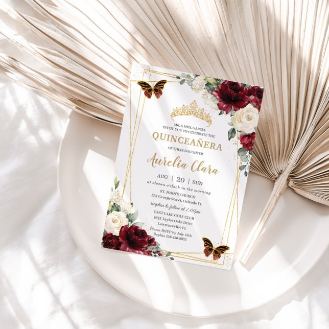 Invitación Quinceañera Burgundy Marfil Mariposa Floral Blanca (Subido por el creador)
