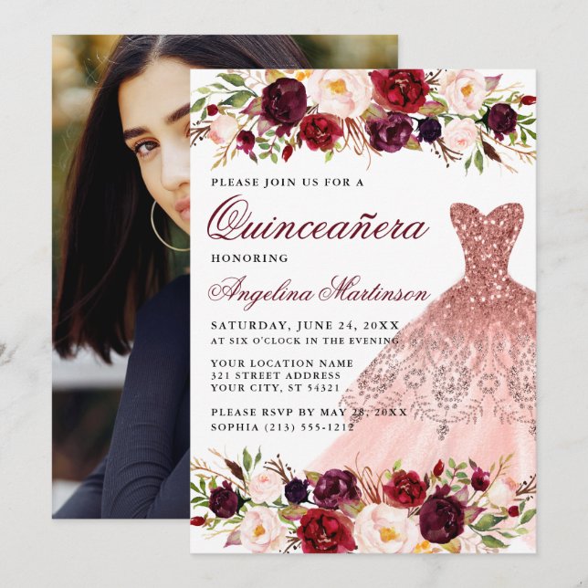 Invitación Quinceanera Burgundy Purpurina floral foto (Anverso / Reverso)