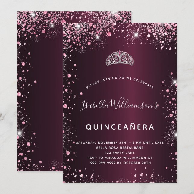 Invitación Quinceanera burgundy purpurina tiara rosa (Anverso / Reverso)