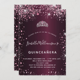 Invitación Quinceanera burgundy purpurina tiara rosa