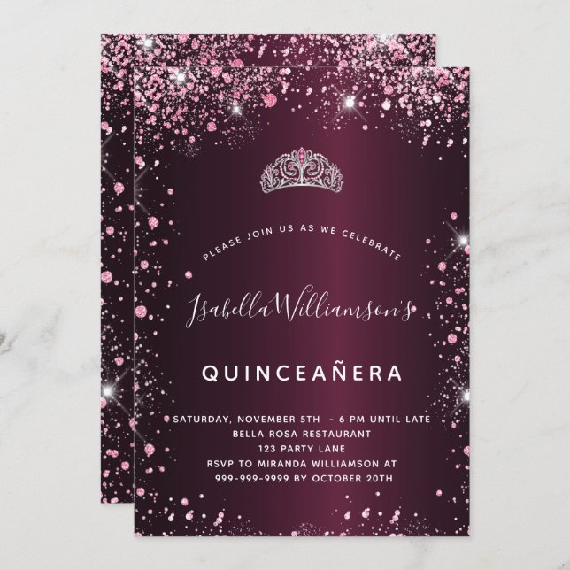 Invitación Quinceanera burgundy purpurina tiara rosa (Anverso / Reverso)